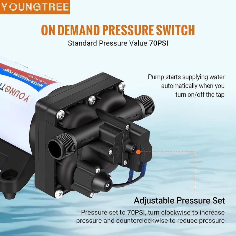 YoungTree مضخة غشاء ضغط الماء 110 فولت تيار متردد 5.0 جالون في الدقيقة 70 PSI مضخة نقل مياه ذاتية التحضير للسيارات المنزلية والحدائق وغسيل السيارات وبراميل المطر - Image 3